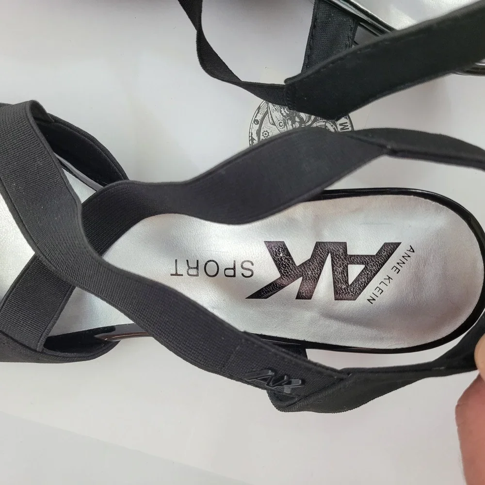Anne Klein Sport AKMEME Wedge Sandals Womens 11 Black Elastic Straps Slingback